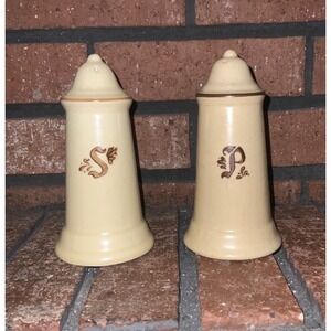 Vintage Pfaltzgraff Cream Stoneware Salt and Pepper Shakers Brown Monogram 6"